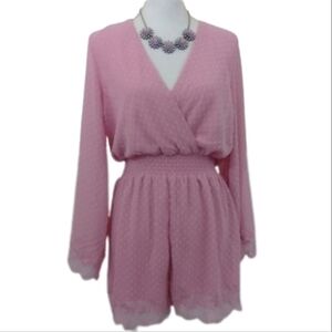 Chocolate Pink Polka Dot V-neck Romper Short Flared Lace Sleeve Shirt Top Jumper